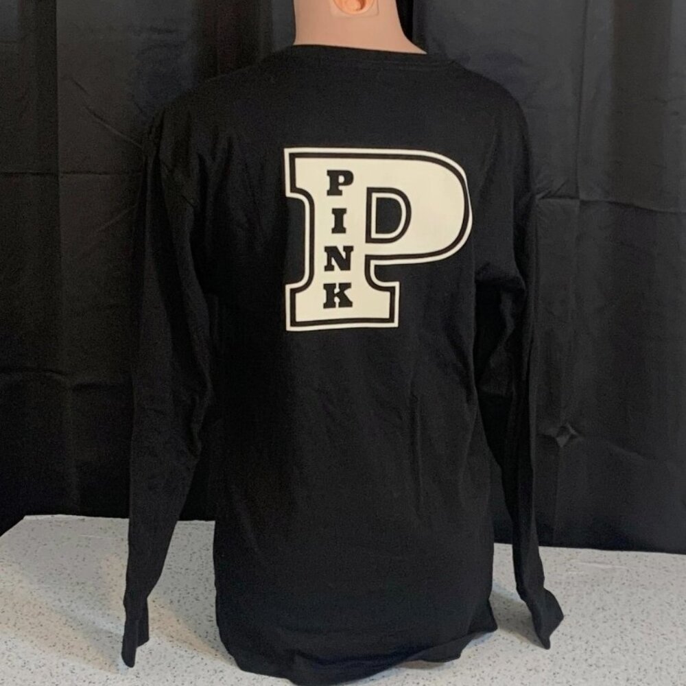 Victoria's Secret PINK Oversized Long-Sleeve Campus Tee T-Shirt XS Black